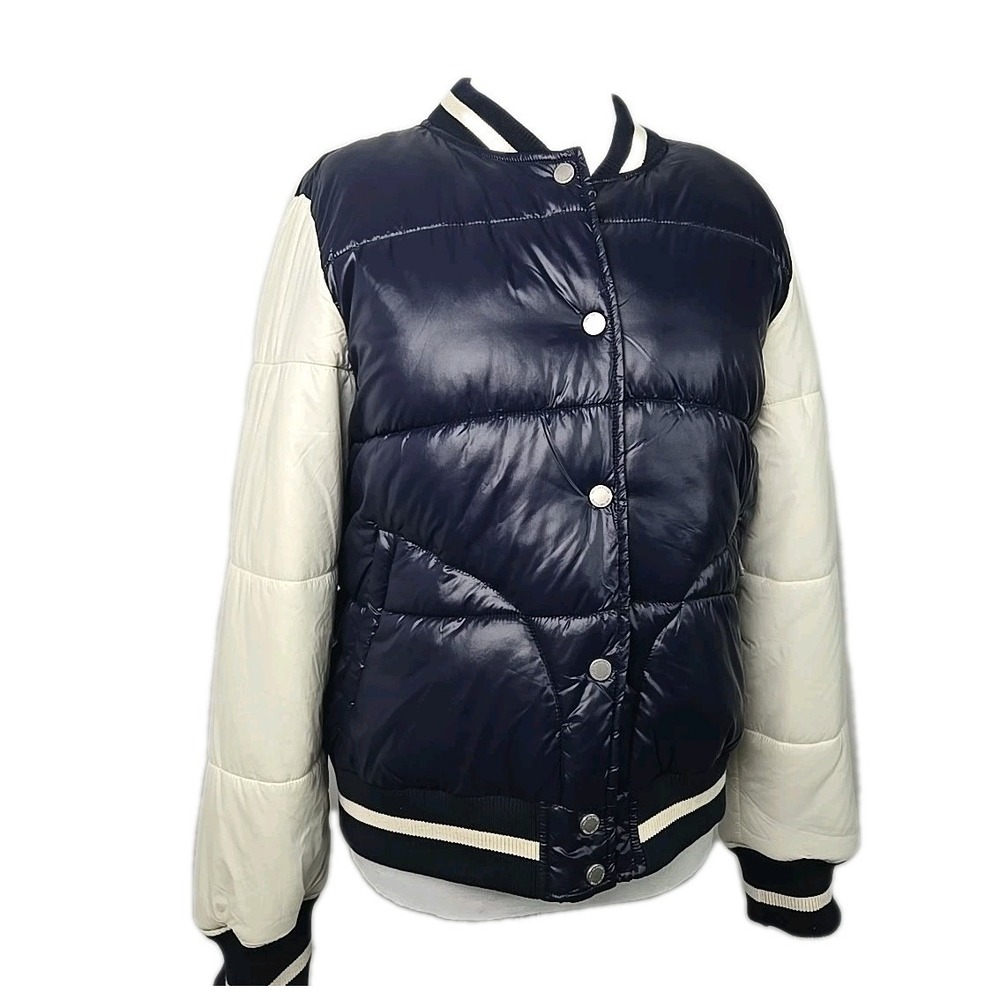 Avec Les Filles Blue Nylon Puffer Varsity Jacket Women's Large L